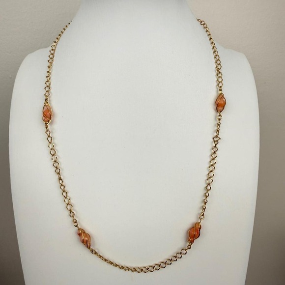 Jewelry - Avon Gold Tone Necklace Peach Bead Cage Wrap‎ Vintage Chain